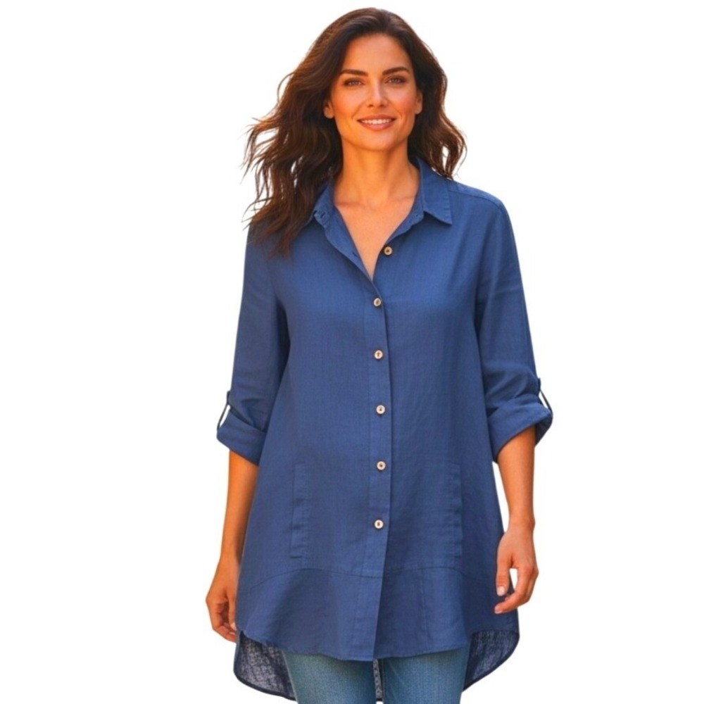 Soft Surroundings 100% Linen Euro Summer Womens sz Large Button Down Roll Tunic